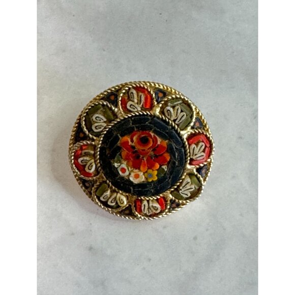 Vintage Micro Mosaic Brooch Floral Design Gold-Tone Round 1 1/4" - Picture 2 of 4